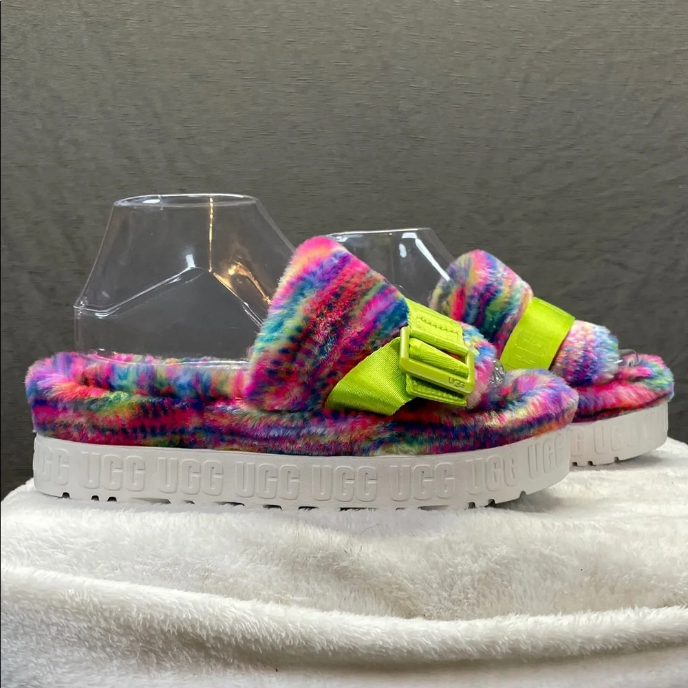 UGG Pink and Green Fluffita in Pixelate Platform Sandals with Fuzzy Upper‎